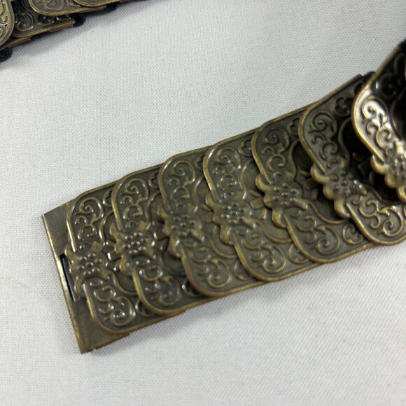 Vtg Steampunk Metal Brass Tone Elastic Belt Ornate Buckle Rhinestones Y2K - Picture 4 of 9